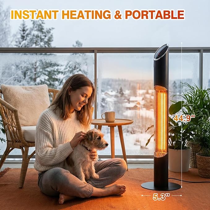 Freestanding Outdoot Electric Heater, Infrared Patio Heater for Outdoor/Indoor Use, 1500W garage heater electric, REMOTE CONTROL, BLACK