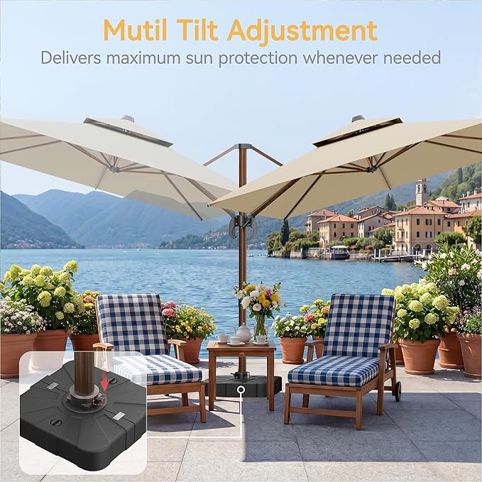 10x13 FT Wood Pattern Patio Umbrella with Base, Large Deluxe Cantilever Rectangular Double Top Heavy Duty Offset Umbrellas with 360° Rotation, Outdoor shade for Garden Pool Patio, Beige