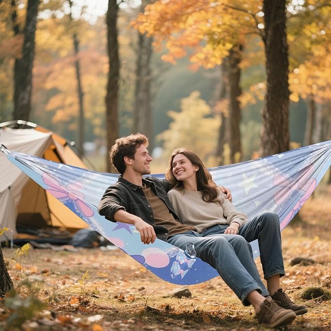 Blue and Pink Cute Bow Check 330lb Capacity Outdoor Hammock with Tree Straps Hanging Hammock for Outside Camping Essentials hamaca para adultos