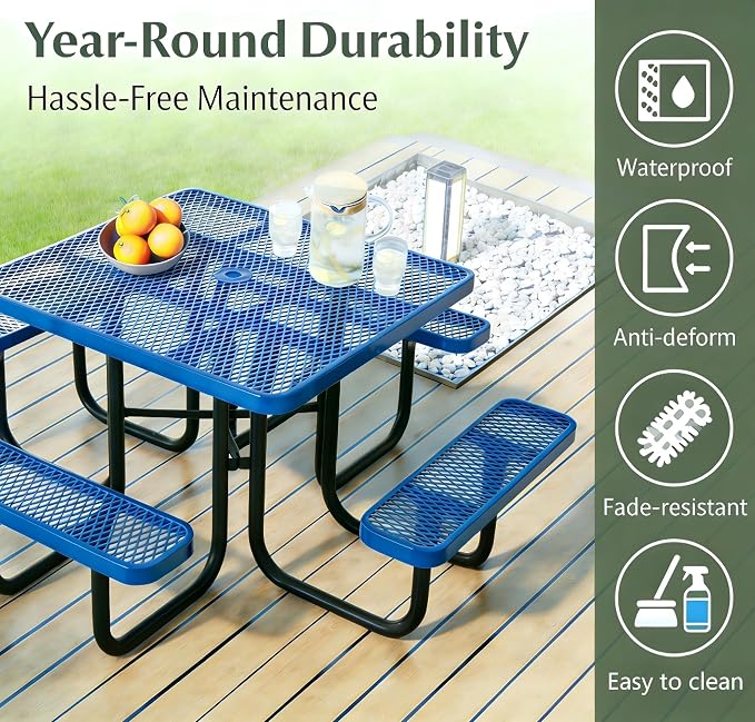 Garvee Heavy Duty Metal Picnic Tables for Outdoors with Umbrella Hole, 46" Square Top Patio Table Coated Steel Commercial Grade Furniture Set Weather & Rust Resistant (Expanded Steel, Blue)