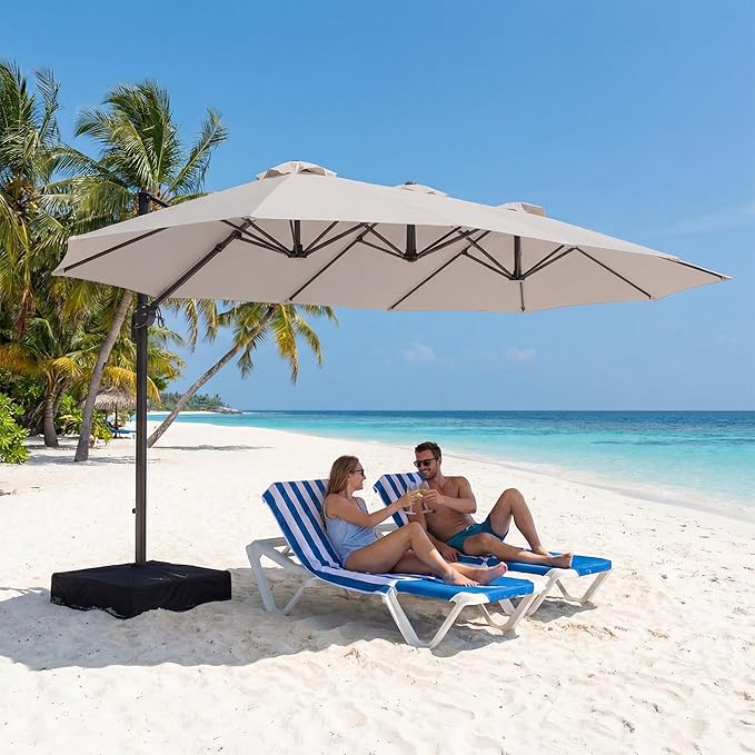 COSIEST 8 * 13FT Cantilever Patio Umbrella with Base,Large Rectangle Offset Umbrella，Heavy Duty Double-Sided Table Market Umbrella for Garden, Pool, Deck Shade, Beige
