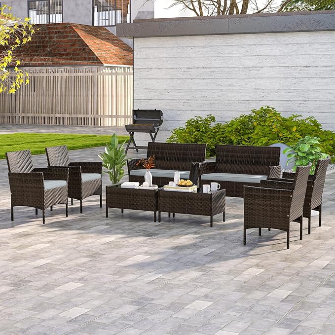 HAPPYGRILL 8 Pieces Outdoor Rattan Conversation Set, Patio Wicker Furniture Set with Loveseat Chairs & Tempered Glass Coffee Table, Outside Sectional Sofa Set for Backyard Garden Poolside
