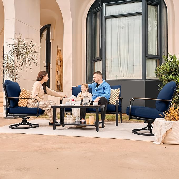 NATURAL EXPRESSIONS Patio Furniture Sets,4 Pieces Metal Outdoor Conversation Sofa Set with High Back Swivel Rocking Chairs with Anti-Scald Armrest,Double-Deck Wooden-Grain Table,6" Cushions for Yard
