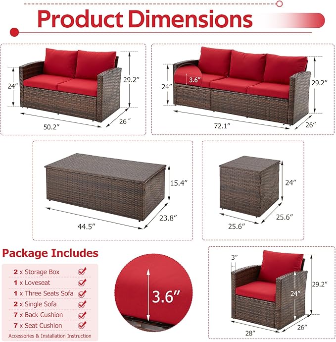 AECOJOY 7 PCS Patio Furniture Set with Two Storage Boxes&Patio Set Cover, Outdoor Rattan Conversation Set, PE Wicker Sectional Sofa Outdoor Furniture, Brown Rattan&Red Cushions