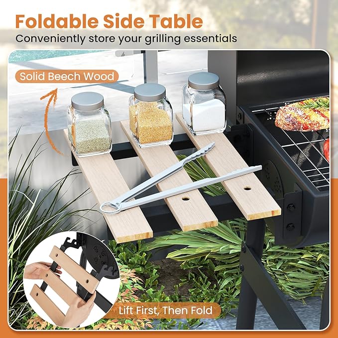 Giantex Portable Charcoal Grill with Foldable Side Table, Outdoor BBQ Smoker Grill with Wheels, Thermometer, Adjustable Air Vent, Bottom Shelf, Barrel Barbecue Grills for Patio, Camping & Tailgate