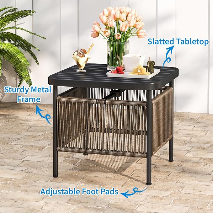 Tangkula Outdoor PE Rattan Side Table with 1.57” Umbrella Hole, Square Patio End Table with Metal Frame, Small Bistro Coffee Table for Porch, Balcony, Garden and Backyard (2)