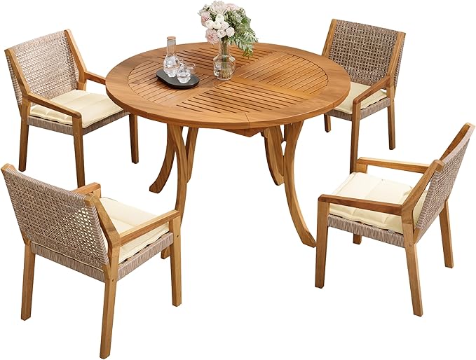 Christopher Knight Home Verle Wooden Patio Dining Set for 4, Acacia Wood Outdoor Dining Table Set for 4, 5 Piece Outdoor Dining Set with Round Table and Armchair with Seat Cushion, Teak+Beige