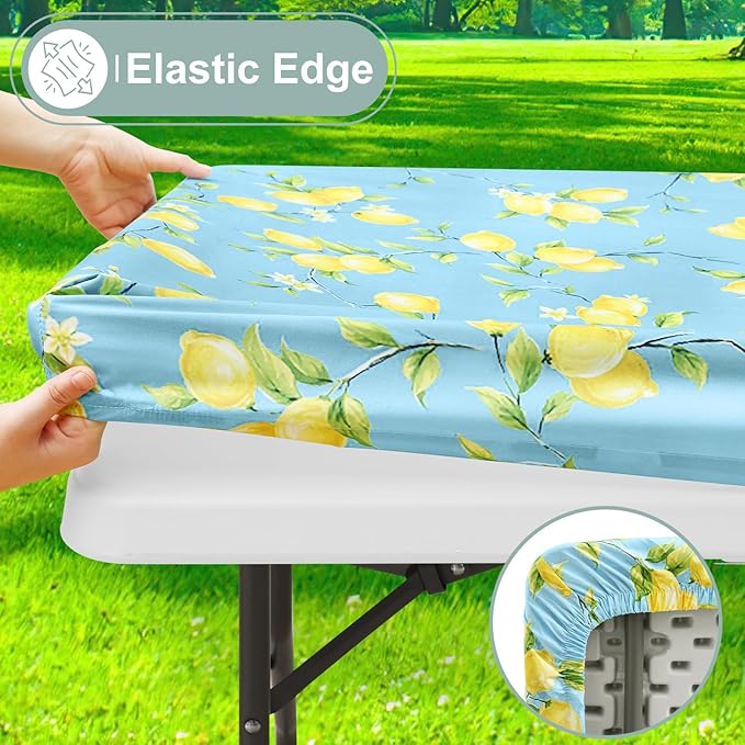 misaya Picnic Table Cover with Bench Cover, Waterproof Elastic Fitted Tablecloth for 8 Foot Tables, Rectangle Washable Polyester Fabric Tablecloths for Picnic, Camping, Outdoor (Lemon, 30" x 96")