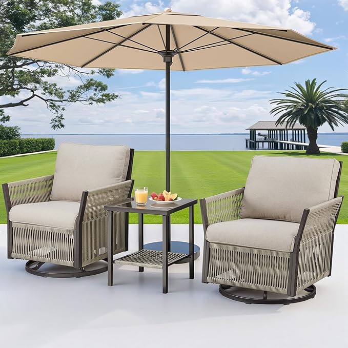 Patio Wicker Chairs Swivel Rocker, Outdoor Swivel Rocking Chairs Set of 2 with Rattan Side Table, 3 Piece Patio Swivel Glider Chair Patio Furniture Sets for Deck Porch Backyard (Beige)