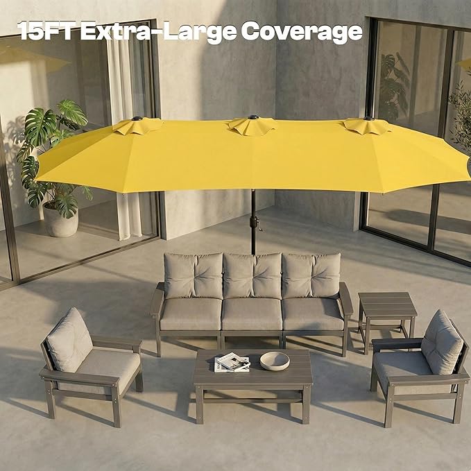 15FT Large Outdoor Patio Umbrella with Solar Lights and Base, Double-Sided Table Umbrellas with 48 LED Lights, Rectangle Market Umbrella for Pool, Deck, Backyard