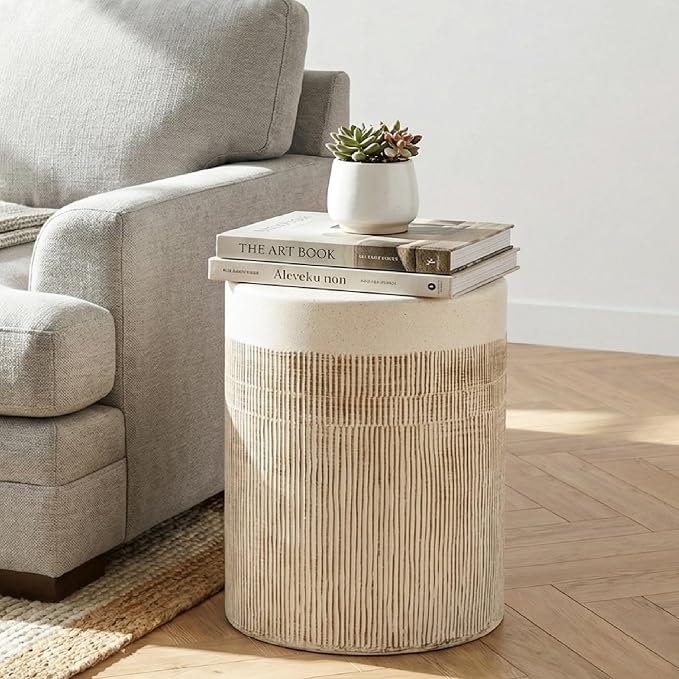 HOMPUS Outdoor Side Table, Concrete Side Table Design Vertical Thread, Patio Round Accent Coffee Table, Lightweight MgO Garden Tool for Patio, Porch and Deck, Light Beige