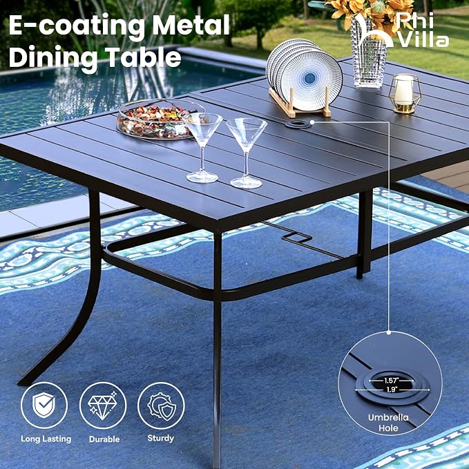 PHI VILLA Patio Dining Set with 13ft Umbrella for 6, Swivel Mesh Chairs | 59'' metal rectangular table, 6 grey outdoor textilene chairs and 13ft beige umbrella(NO BASE) for deck, garden, backyard