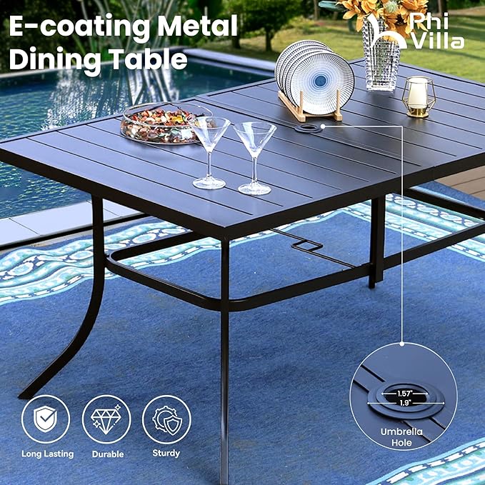 PHI VILLA 8 Piece Patio Dining Set with 13ft Patio Umbrella (Navy Blue), 6 Outdoor Swivel Dining Chairs & 1 Large Metal Dining Table with 1.57" Umbrella Hole, for Lawn Garden Backyard