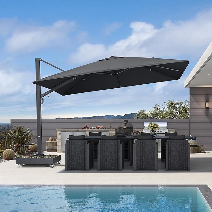 PURPLE LEAF 12' X 9' Space Saving Rectangle Large Patio Umbrella with Base Included Outdoor Aluminum Offset Umbrella with 360-degree Rotation Cantilever Umbrella for Garden Deck Backyard Pool Grey