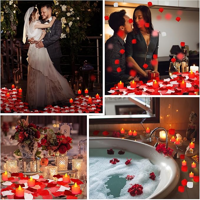 Coume 6000 Pcs Artificial Rose Petals with 72 Pcs Flameless LED Candles Romantic Decorations Fake Candles Anniversary Decorations for Valentine's Day Wedding Night(Red with Red Series Petal)