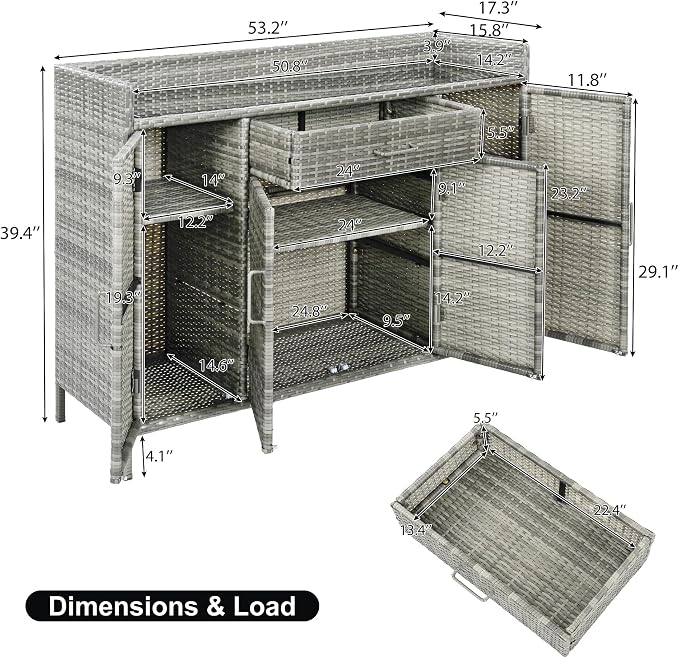 RUNNA 53.2" W Outdoor Weather-Proof Rattan Storage Cabinet with Tempered Glass Desktop,Outdoor Wicker Bar Table with One Large Drawer & Adjustable Shelves for Patio, Backyard,Garden,Pool (Grey#81)