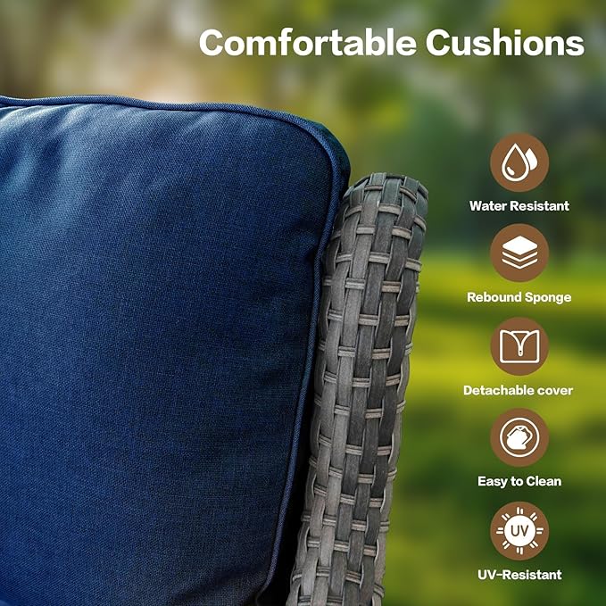 5 Pieces Outdoor Patio Furniture Conversation Set PE Rattan Wicker with a 3-Seater Sofa, 2 Armchairs, 2 Outdoor Ottomans for Yard Backyard (Grey/Navy Blue)