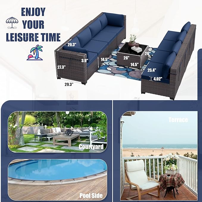 Patio Furniture Set 7PCS Outdoor Furniture for Backyard Sectional Sofa Set, Rattan Wicker Patio Conversation Set with 4 Inch Thickened Cushions and Glass Coffee Table, Navy Blue