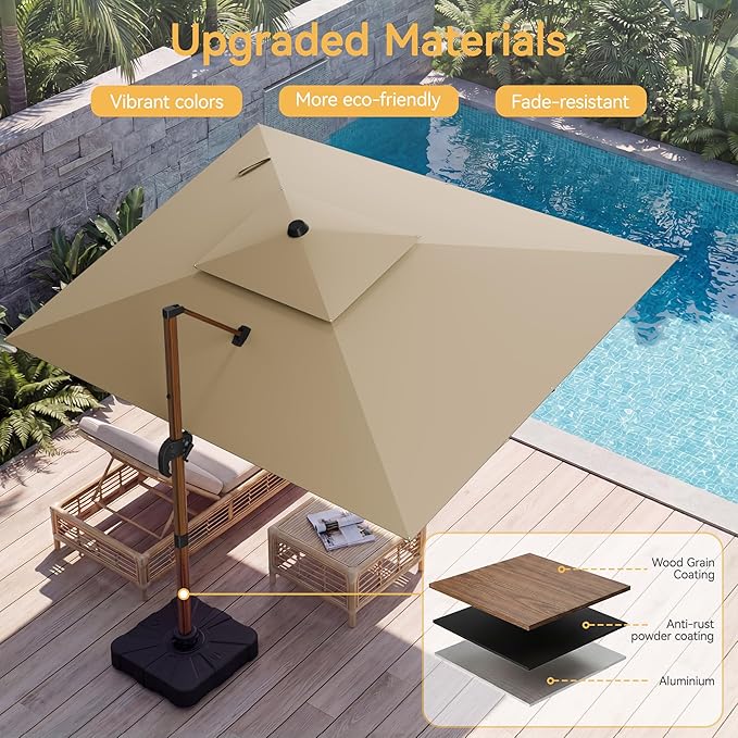 10x13 FT Wood Pattern Patio Umbrella with Base, Large Deluxe Cantilever Rectangular Double Top Heavy Duty Offset Umbrellas with 360° Rotation, Outdoor shade for Garden Pool Patio, Tan