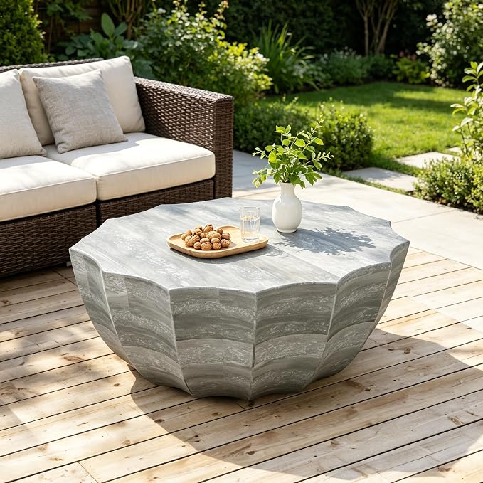 35.43" Concrete Outdoor Table,Modern Round Stone Coffee Table,Waterproof Outdoor Coffee Table for Patio for Terraces, Gardens, Backyards and Living Rooms (Marble White, 35.43")