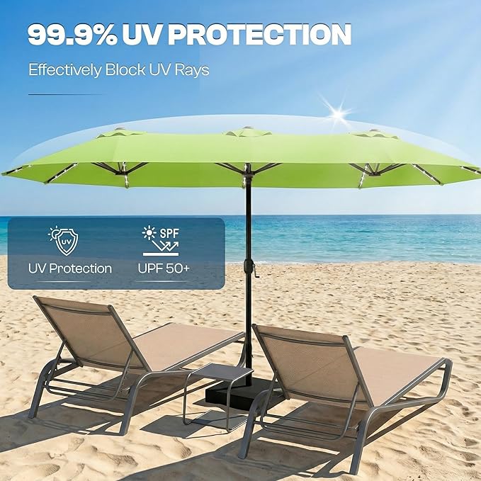 15FT Large Outdoor Patio Umbrella with Solar Lights and Base, Double-Sided Table Umbrellas with 48 LED Lights, Rectangle Market Umbrella for Pool, Deck, Backyard