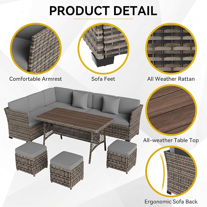 Patio Furniture Set, 7 Pieces Outdoor Dining Sets, All Weather Rattan Conversation Set, Outdoor Dining Sectional Sofa with Large Dining Table, Ottoman (White Black-Light Grey, A-7 Pieces)