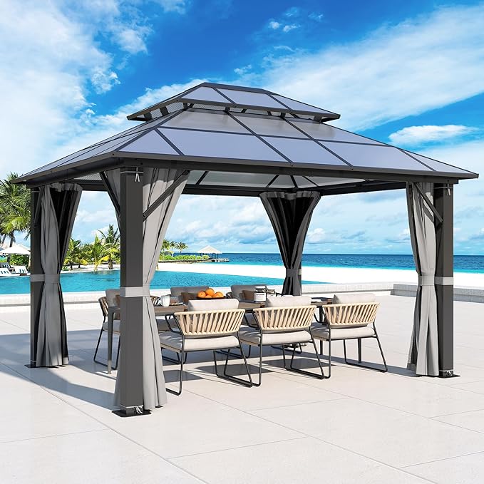 GARTOO 10x12FT Polycarbonate Hardtop Gazebo with Double Roof - Heavy-Duty Steel Frame Gazebo with Breathable Netting & Privacy Curtain for Patio, Porch, Garden, Lawn, Deck, Backyard