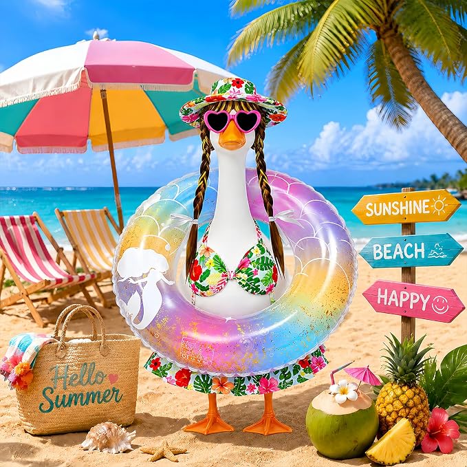 Hawaiian Porch Goose Bikini Outfits, Summer Goose Swimsuit Clothes Fits 23" Goose Statue with Cute Hat, Goose Wigs, Sunglasses & Swimming Ring for Outdoor Patio Yard Decoration