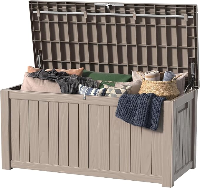 150 Gallon Outdoor Deck Box, Lockable Waterproof Outdoor Storage Boxes For Garden Tools,Indoor Cushions,Accessories Outside Storage Resin Weatherproof Container(Grey)