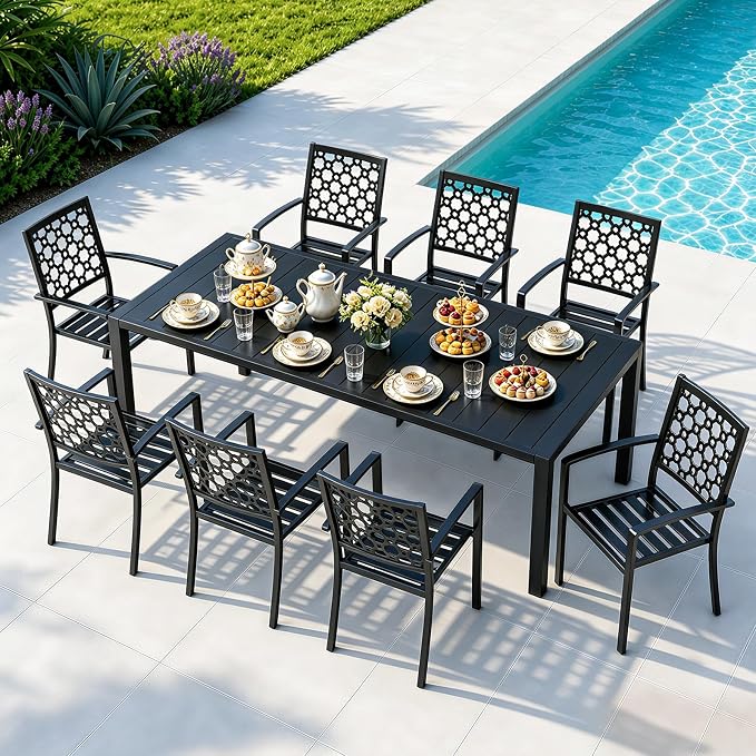 MEOOEM Expandable Patio Dining Table for 8, 78.8" Large Long Adjustable Rectangular Outdoor Table for 4-8 Person, 500LBS Sturdy Black Metal Extendable Patio Table for Outside,Garden, Lawn, Backyard