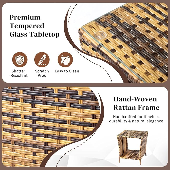 HOMSUPPLIE'S Outdoor Rattan Side Table with Storage, Square Patio Coffee Table w/Tempered Glass Top, Wicker End Table for Porch, Balcony, Poolside & Backyard(Yellow,Tempered Glass sty.3)