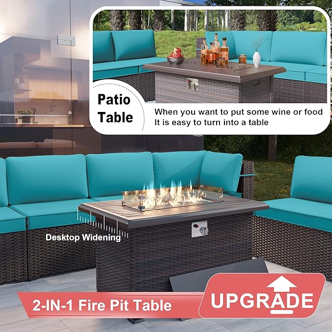 Patio Furniture Set with Fire Pit Table 15 PCS Outdoor Sectional Furniture Rattan Patio Conversation Set with 43in Propane Gas Fire Pit Table and Glass Table, Blue