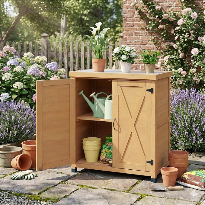 Outdoor Deck Box Storage Cabinet with Metal Work Surface, Weatherproof Hemlock Wood Patio Storage for Garden Tools and Supplies, Stable X-Shape Design, 31 x 18 x 36 Inches, Wood Color