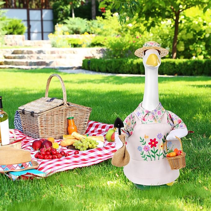 Floral Garden Porch Goose Outfits 23 Inch Geese Statue Costume with Hat Basket Shovel Goose Clothes for Spring Outdoor Garden Lawn Patio Decor