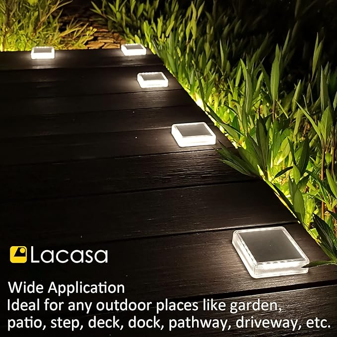 Lacasa Solar Deck Lights Outdoor Waterproof LED, Step Lights Solar Powered Driveway Dock Lights Marine, White 4000K, Dusk to Dawn, for Garden Steps Yard Patio Pathway, Square, 4 Pack