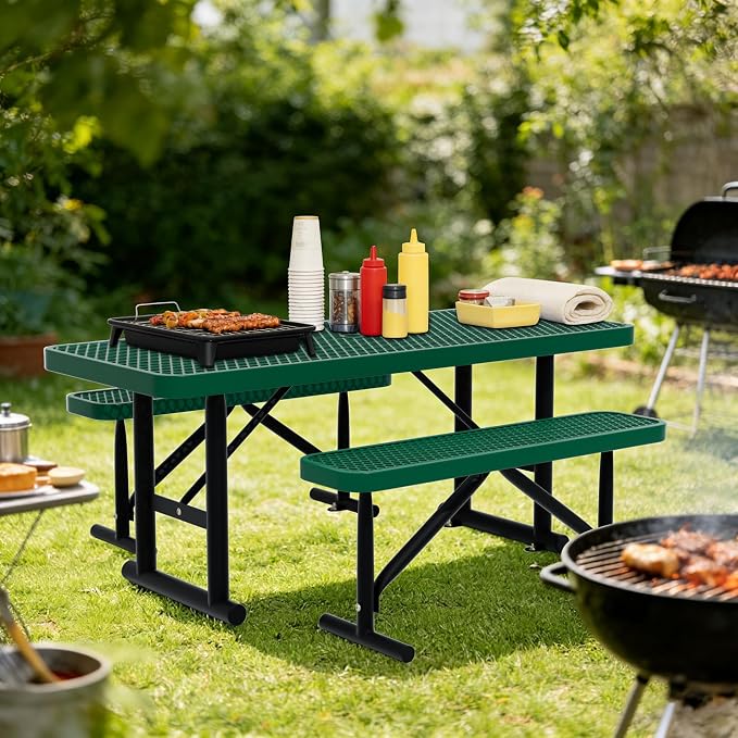 6FT Picnic Tables for Outdoors, Green Rectangular Heavy Duty Commercial Picnic Table with Umbrella Hole,Weather-Resistant Camping Table Dining Table for Backyard, Patio, Garden, Shops, Parks
