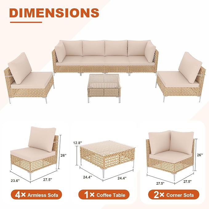 Outdoor Wicker Patio Furniture Set - 7 Piece | Outdoor Wicker Sectional Couch, Weave Rattan Sofa, with Coffee Table & Thick Cushion, Perfect for Deck, Garden, Backyard