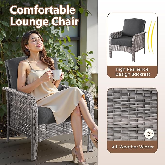 6 PCS Outdoor Patio Furniture Set with Glass Table, All-Weather Rattan Wicker Outdoor Conversation Set with Thickened Cushions for Balcony Backyard Garden Lawn,Black