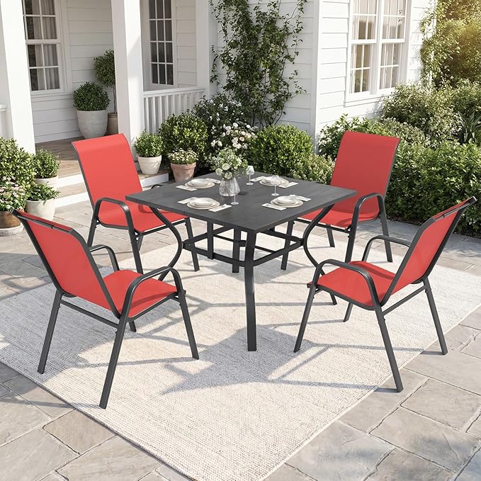 Outdoor Dining Set for 4,5pcs Patio Table and Chairs Set with Adjustable Umbrella Hole,Heavy Duty 37.8”x37.8” Metal Dining Table and Stackable Patio Chair for Yard, Garden, Porch