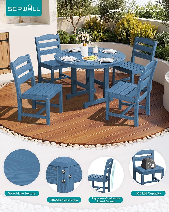 SERWALL 6-Piece Patio Dining Sets, HDPE Outdoor Table and Chairs Furniture Set with Umbrella, 45" Round Dining Table & 4 Armless Dining Chairs & 1 9FT Umbrella, Navy(Not Include Umbrella Base)