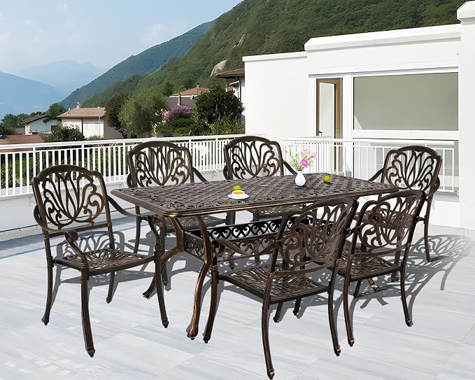 TITIMO 7-Piece Cast Aluminum Patio Furniture Set, Outdoor Patio Dining Set Bistro Conversation Set, All-Weather Rectangular Table w/Umbrella Hole (Bronze-Fixed Elizabeth Chair, 7 Pcs)