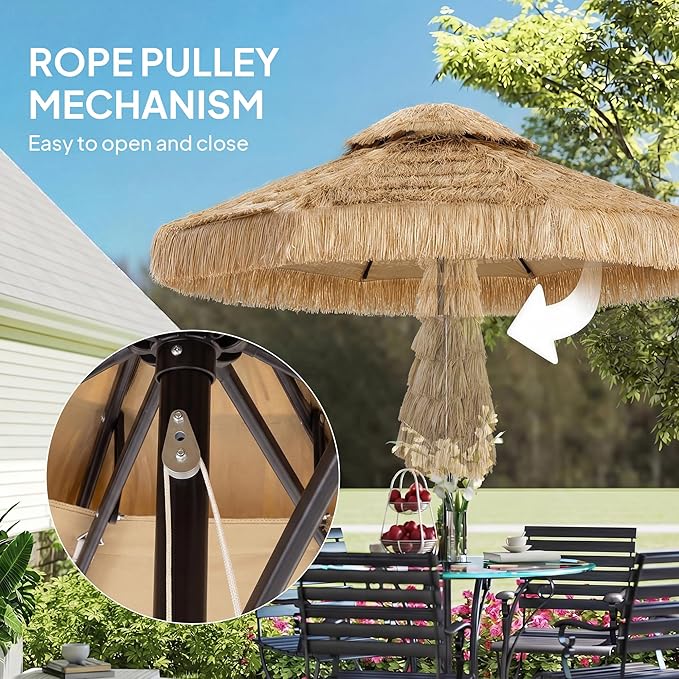 Outsunny 8.5 FT Hula Thatched Tiki Patio Umbrella, 2-Tier Tropical Hawaiian Style Outdoor Umbrella with 8 Ribs, UPF30+, for Garden, Backyard, Deck, Pool, Khaki