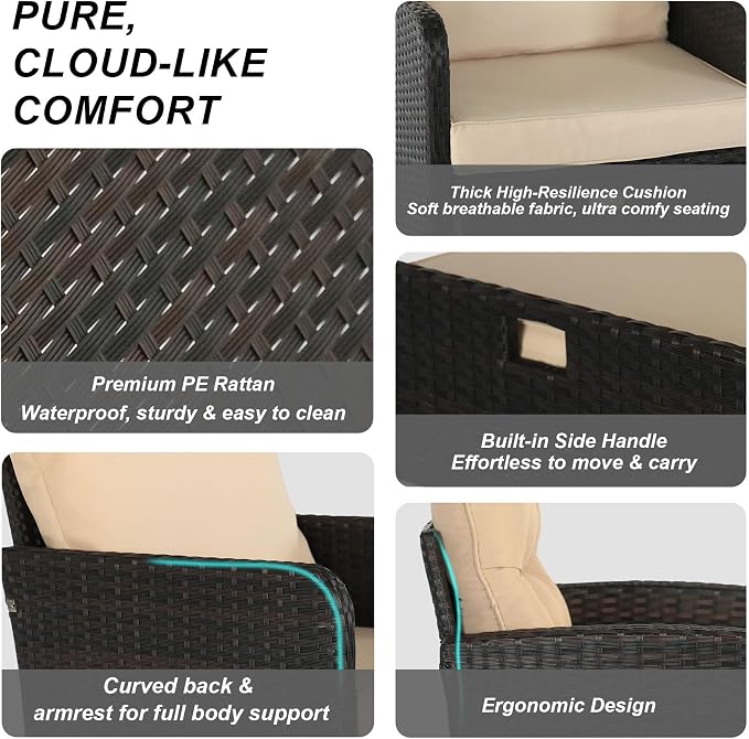 5 Piece PE Wicker Patio Furniture Set, Outdoor Conversation Chairs with Pull Out Hidden Ottoman, Soft Cushions & Glass Coffee Table, Wicker Bistro Set for Porch, Garden, Balcony, Poolside (Brown)
