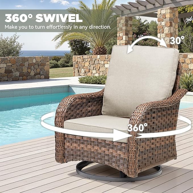10 PCS Patio Furniture Set, 4 Swivel Rocking Chairs with 4 Ottomans & 2 Side Tables, 4-Inch Thick Olefin Cushions, 300 lbs Capacity Wicker Swivel Rocker Chairs for Porch, Fire Pit, Beige