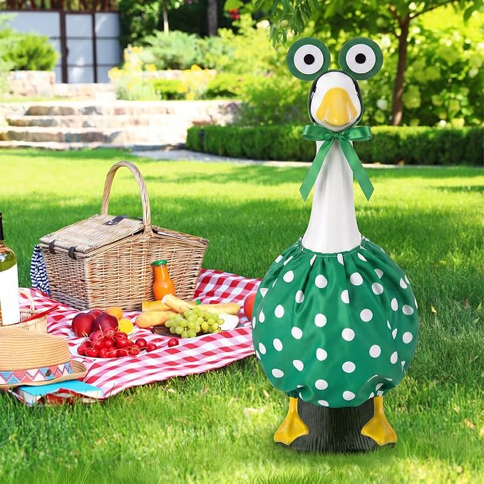 23" Porch Goose Outfit Frog Goose Dress Clothes with Crochet Frog Eyes Hood and Green Polka Dot Bubble Dress Costume for 23" Gooses Statue Decoration Patio Yard Garden Lawn Outdoor Decors
