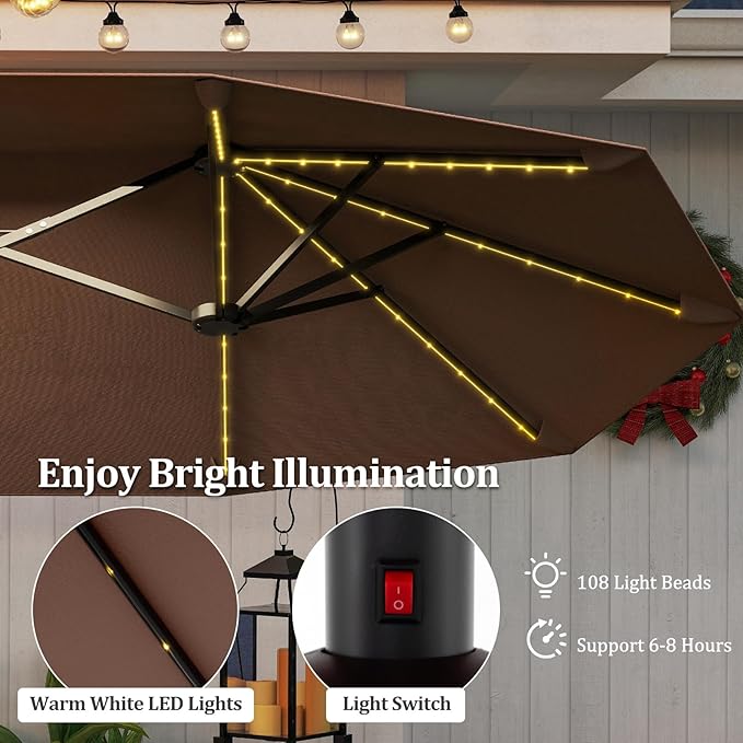 HAPPYGRILL 13 FT Double-sided Patio Umbrella with Solar Lights, Crank Handle & 12 Heavy-Duty Ribs, Outdoor Twin Size Oversized Rectangle Market Umbrella for Garden Deck Poolside