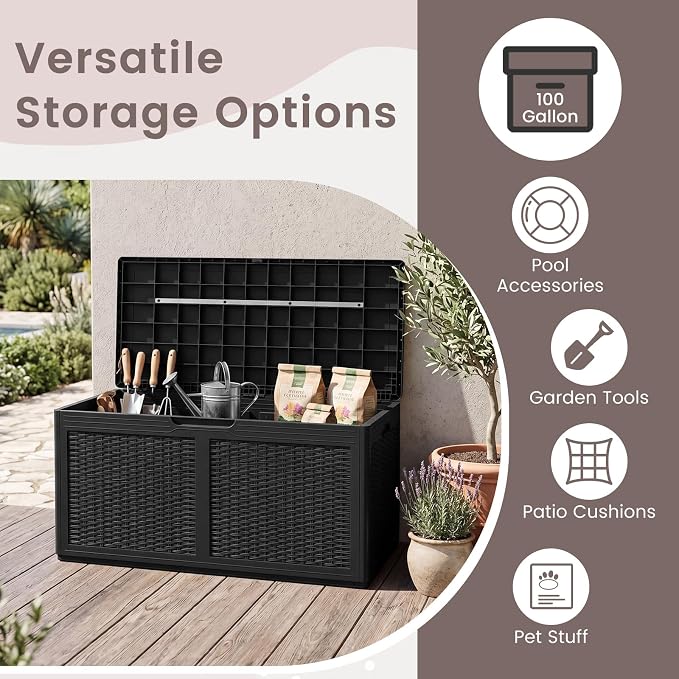 HAPPYGRILL 100 Gallon Resin Deck Box Outdoor Waterproof Storage with Lockable Lid, Rattan Texture Storage Container with Wheels for Pool Accessories, Garden Tool, Patio Furniture Cushion (Black)