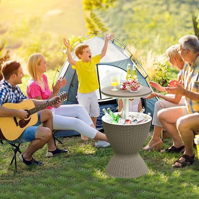 Cool Bar Table with Ice Bucket, 8 Gallon Rattan Style Patio Bar Cooler Table w/Height Adjustable Tabletop, Beer and Wine Cooler, Outdoor Cocktail Coffee Table for Pool Party Deck (Coffee)