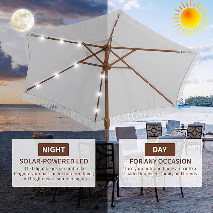 GDY 7.5ft Tassel Patio Umbrella and Matching Base, Outdoor Table Umbrella with 18 LED Lights,Market Umbrella with 6 Sturdy Ribs, with Push Button Tilt and Crank, Bright White