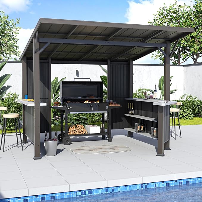 ALAULM 10'x 10' Hardtop Grill Gazebo, Outdoor BBQ Gazebo with Storage Shelves and Expansion Platform, Permanent Galvanized Steel Lean to Canopy with Grey-Black Metal Privacy Screen for Patio